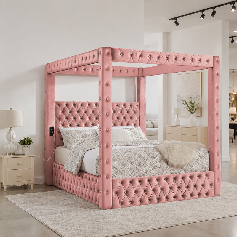 Structure de lit à baldaquin grand lit, lit plateforme tapissier en velours avec tête de lit capitonnée, haut-parleur Bluetooth intégré, ports de charge USB-A et USB-C, sommier robuste, rose