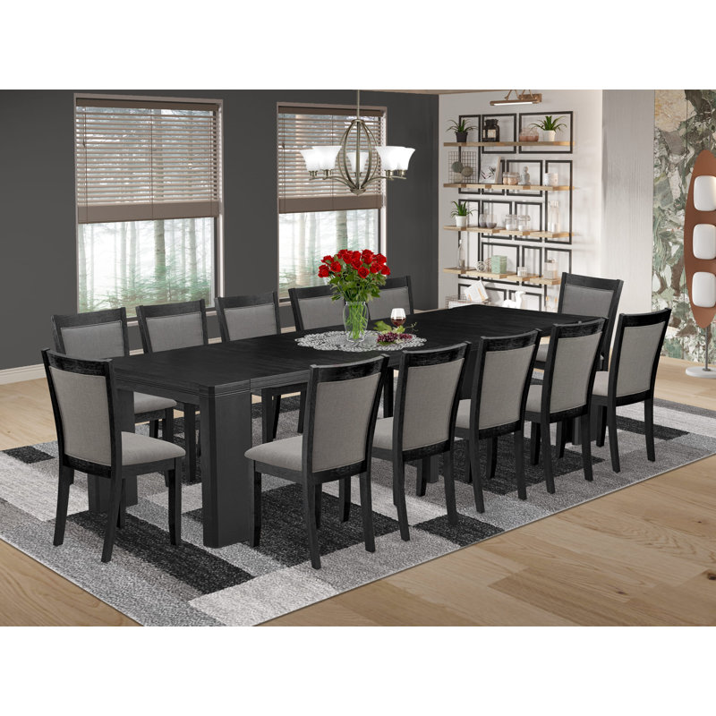 13-piece Dining Room Table Set, a Rectangular Kitchen Table and 12 Dark Gotham Grey Linen Fabric Dining Chairs, 39x120 Inch, Wire Brushed Black