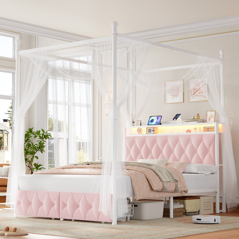Lit à baldaquin en métal avec éclairage DEL et charge USB, Grand, Rose