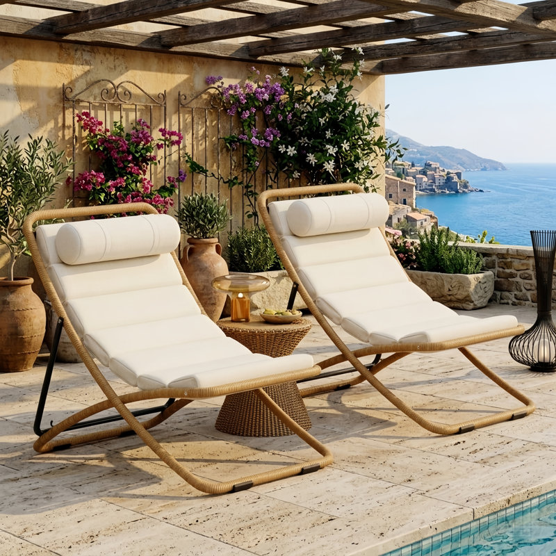 Ensemble de chaise longue pliante en rotin 2 pièces de luxe avec coussins résistants aux intempéries et dossier ergonomique réglable