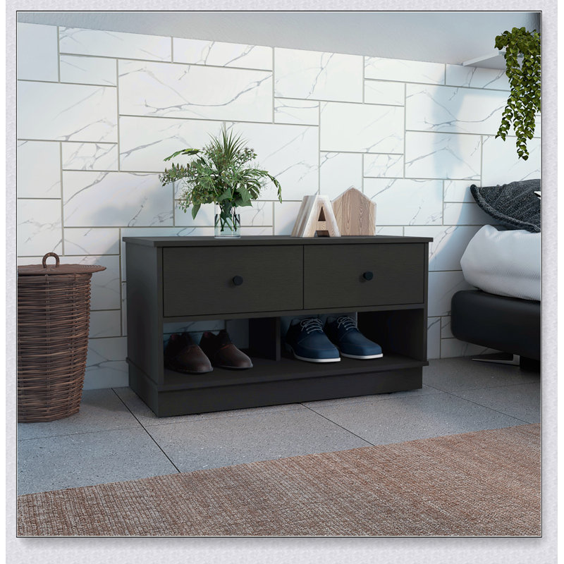 Banc de rangement Hamilton, deux tablettes ouvertes, deux tiroirs - noir