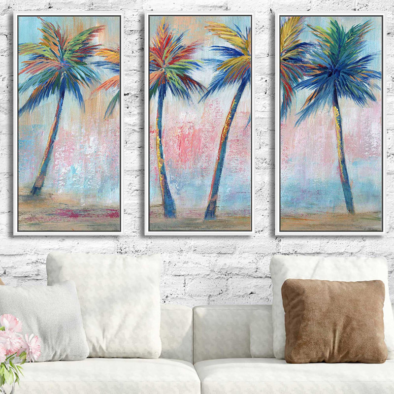 "Color Pop Palms" par Nan, 3 pièces sur toile flottante, H 33,5 po x l 52,5 po x P 2 po
