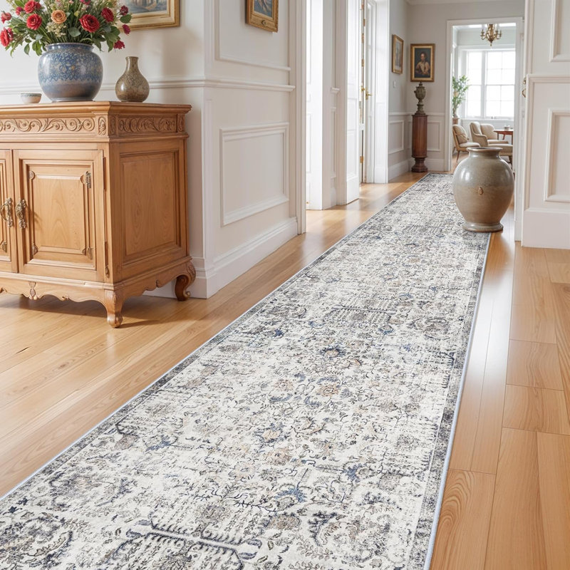 Washable Rugs - Vintage Kitchen Rug Stain Resistant Rugs for Living Room Bedroom Laundry Room Mat Distressed Hallway Floor Carpet (Brown/Blue)