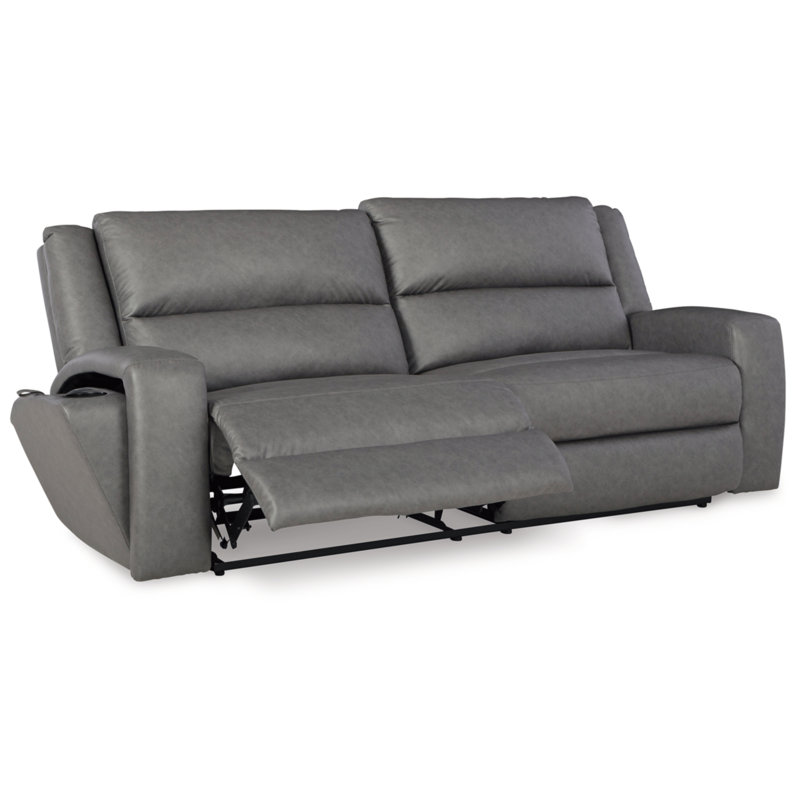 Slate Faux Leather Reclining Sofa with Cup Holder