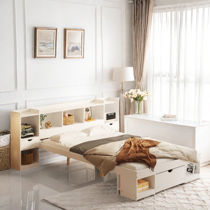 Lit plateforme avec rangement multiple, Blanc