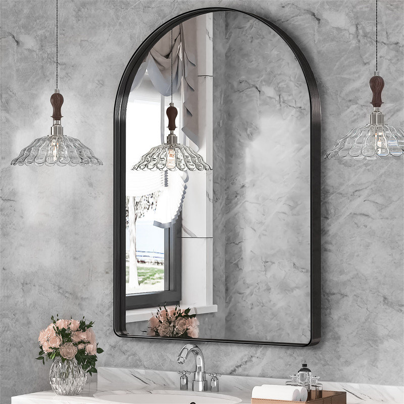 Miroir de salle de bain arqué avec miroir mural pour salle de bain, Noir, 30 po x 22 po