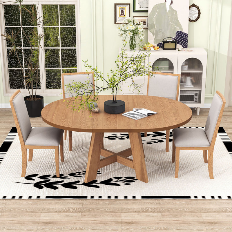 5-Piece Dining Table Set, Wood Extendable Dining Table with Removable Leaf and 4 Upholstered Chairs, Natural