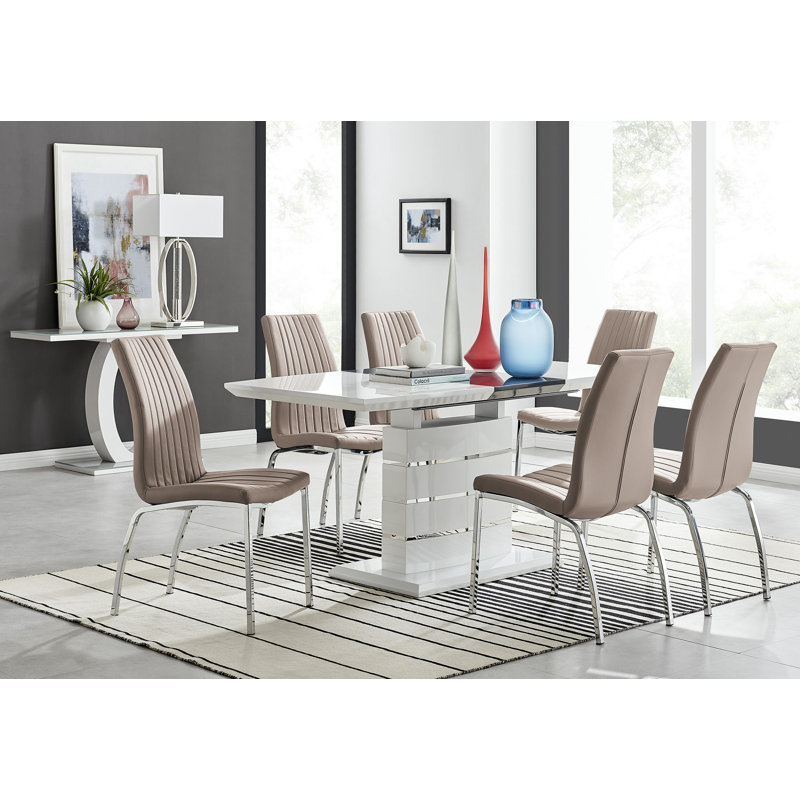 Everson High Gloss Extendable Dining Set with 6 Luxury Faux Leather Upholstered Dining Chairs, Cappuccino