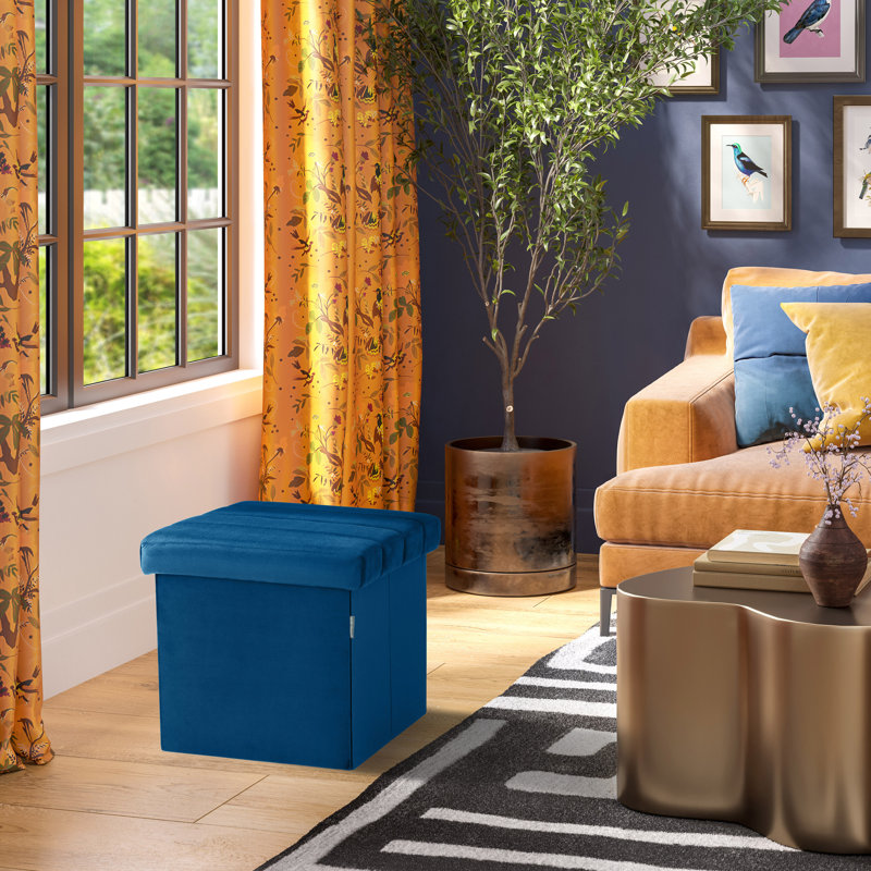 15.7" Upholstered Ottoman with Storage, Blue Velvet