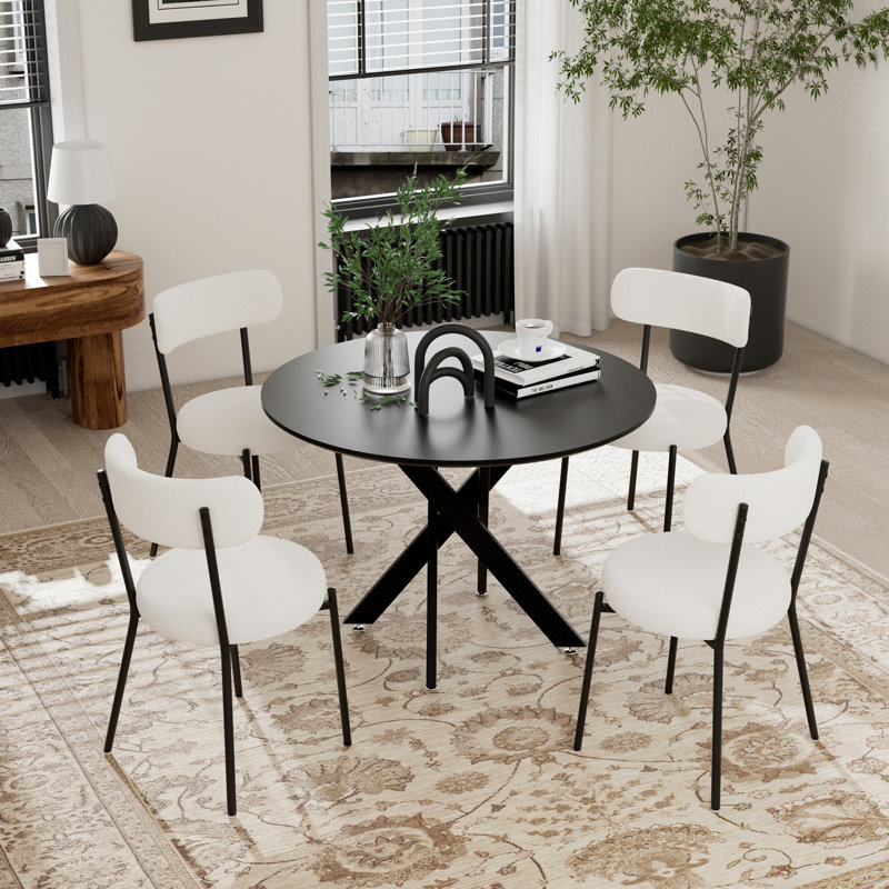 Ensemble de salle à manger à piédestal rond avec chaise Teddy, 4, Noir, Blanc/Noir