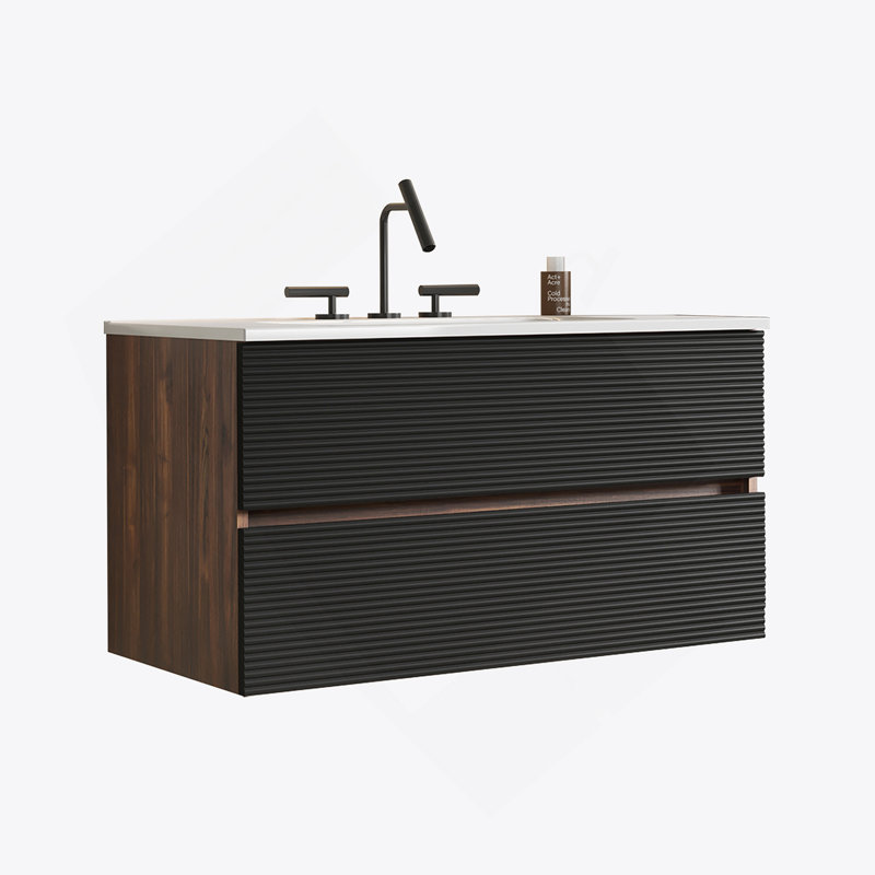 Meuble-lavabo mural avec lavabo en céramique, Noir / brun, 36"