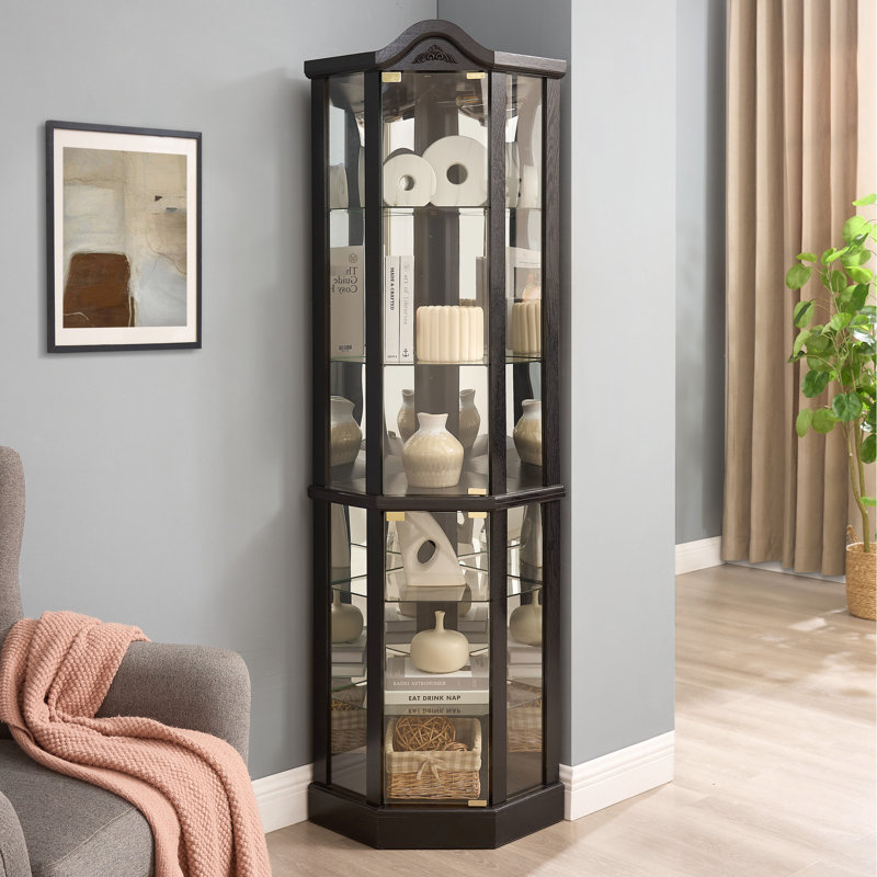 Elegant Illuminated Corner Curio Cabinet With Crown Decoration, 6 Shelves, - Tipping Mechanism, For Office Lighted Display Crown, Triangular Device,