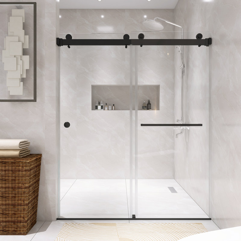 55" - 59" x 72" frameless double sliding shower door with 8mm tempered glass, Matte Black