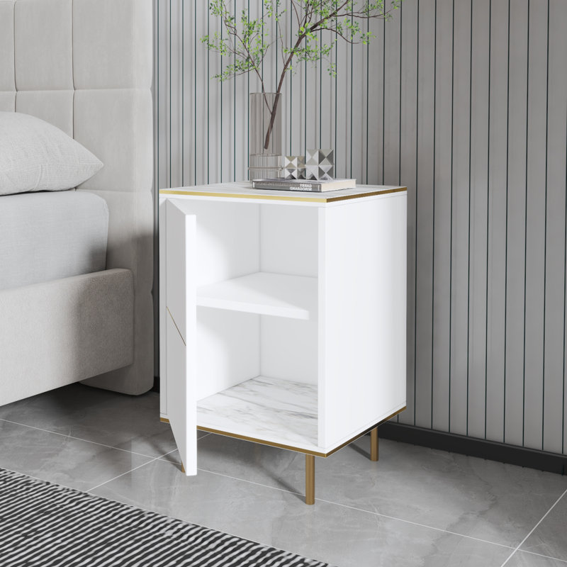 Tazeem 40cm W Particle Board / Chipboard Bedside Table, Orma/White/Gold