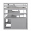Lit mezzanine pleine grandeur avec bureau, tablettes, tiroirs intégrés et escalier de rangement gris pour un espace maximisé et multifonctionnel