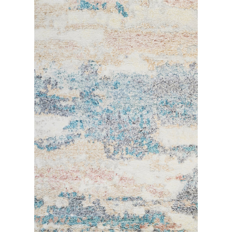 Tapis ivoire / bleu / beige / gris de haute qualité noué à la main, Rectangle 8 pi x 10 pi