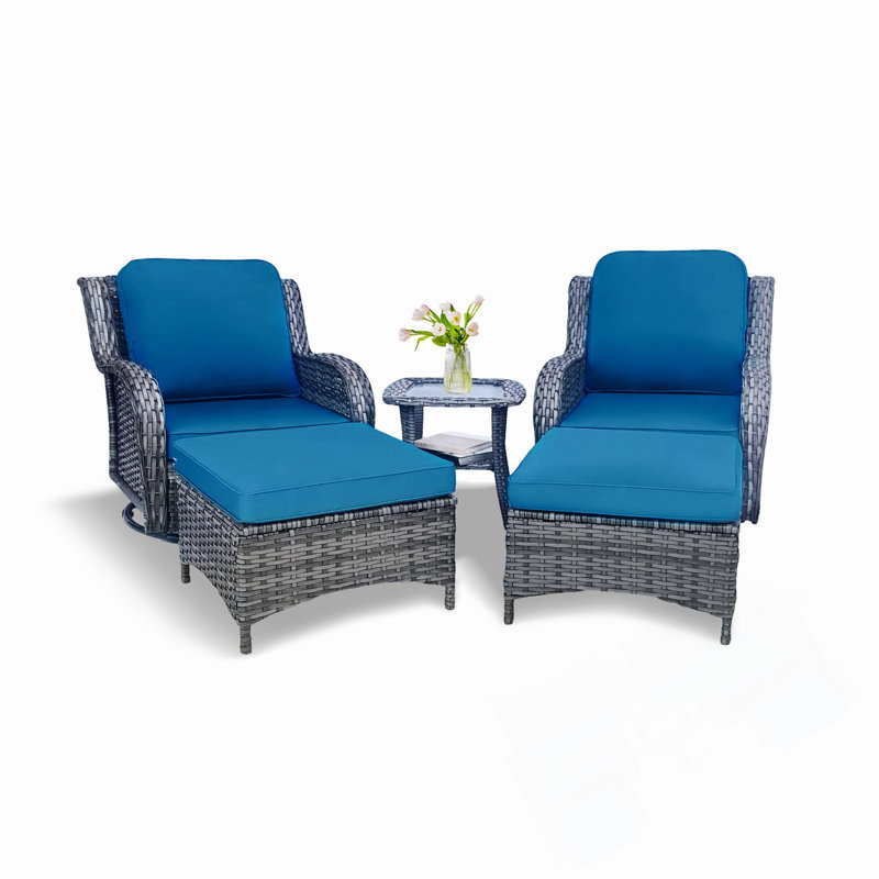 Ensemble de patio 5 pièces en osier avec chaises berçantes pivotantes, repose-pieds et table d'appoint