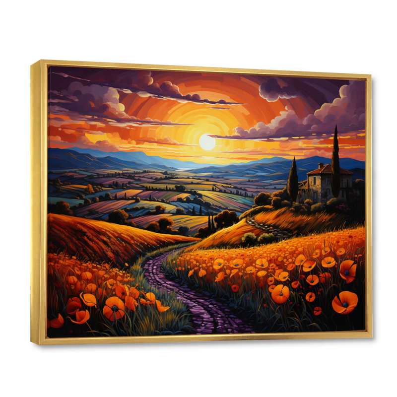 Italy Umbrian Sunrise - Italy Canvas Wall Art, H 16 po x l 32 po x P 1 po, Cadre flottant doré