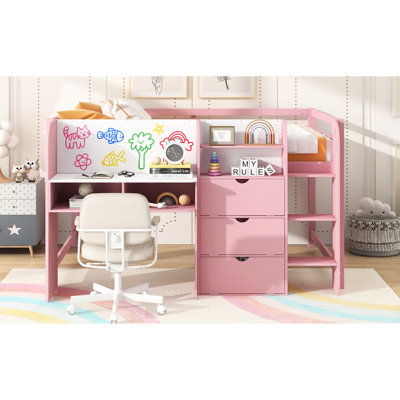 Lit mezzanine double pleine grandeur rose, avec bureau intégré, bibliothèque, rangement, tableau blanc, marqueur et coffre-fort pour chambre à coucher rose Trois compartiments de rangement, tablettes ouvertes, espace de rangement