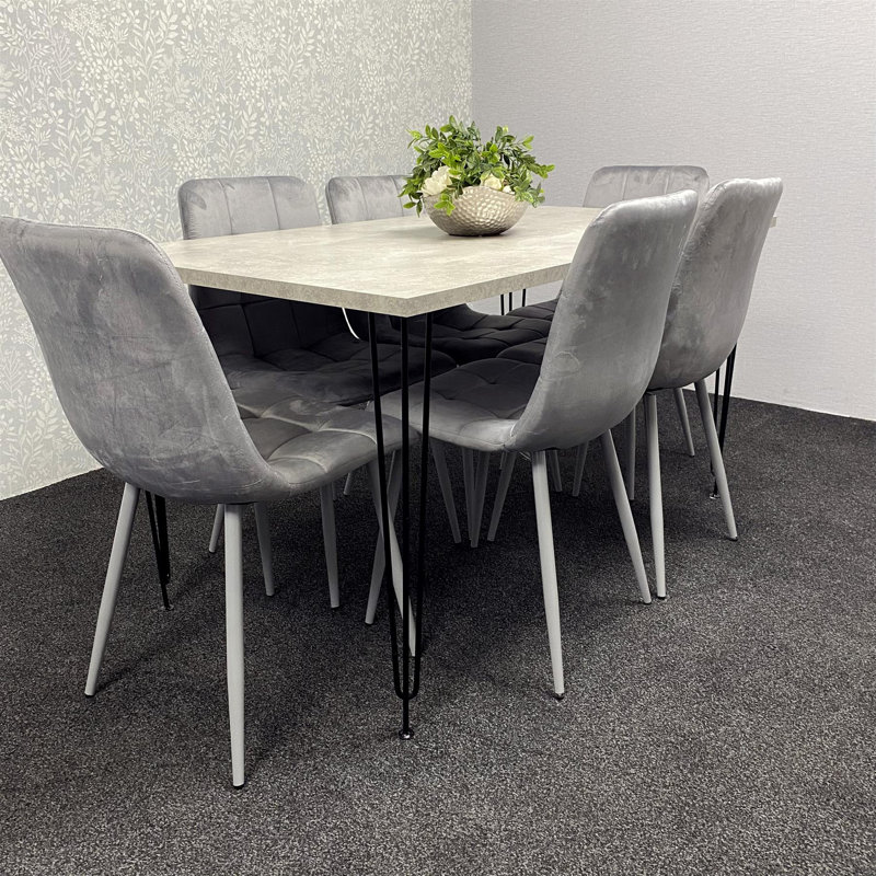 Grey Dining Table with Hairpin Legs & 6 Velvet Chairs (75cm), 75cmH x 140cmL x 80cmW, Grey 