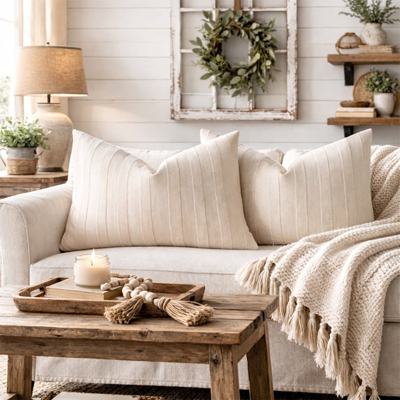 Housse de coussin texturé beige clair texturé 12 po x 20 po - Ensemble de 2 coussins décoratifs modernes, Ensemble 2 pièces