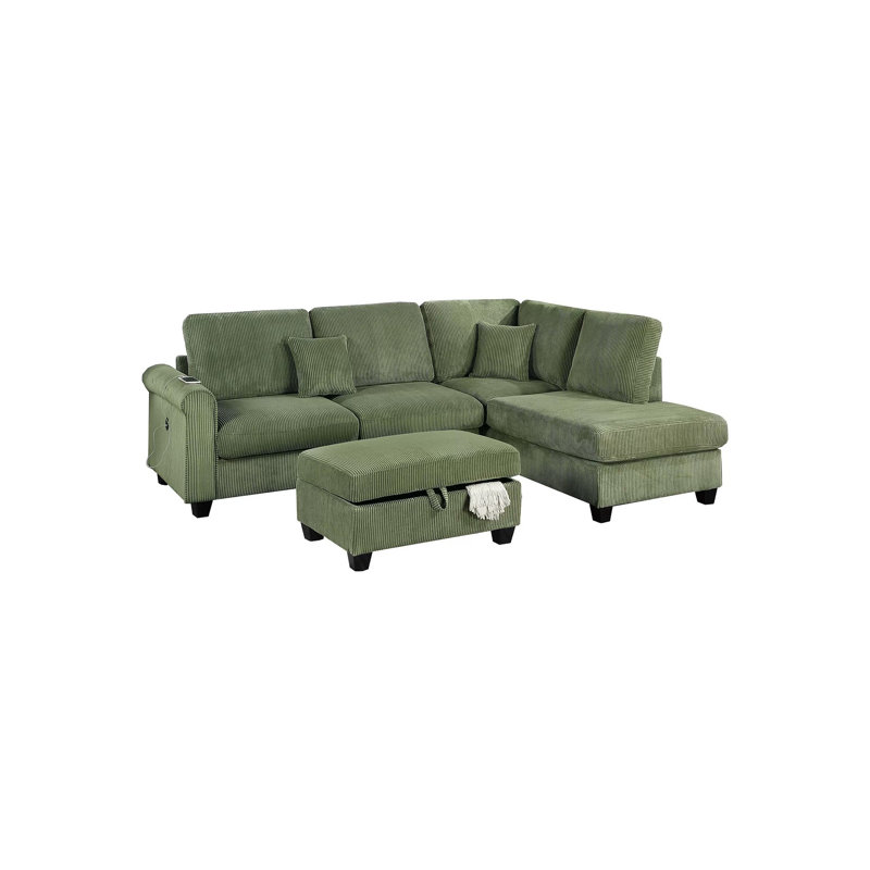 Canapé modulaire en velours côtelé avec méridienne de rangement Tuscania, Velours côtelé vert