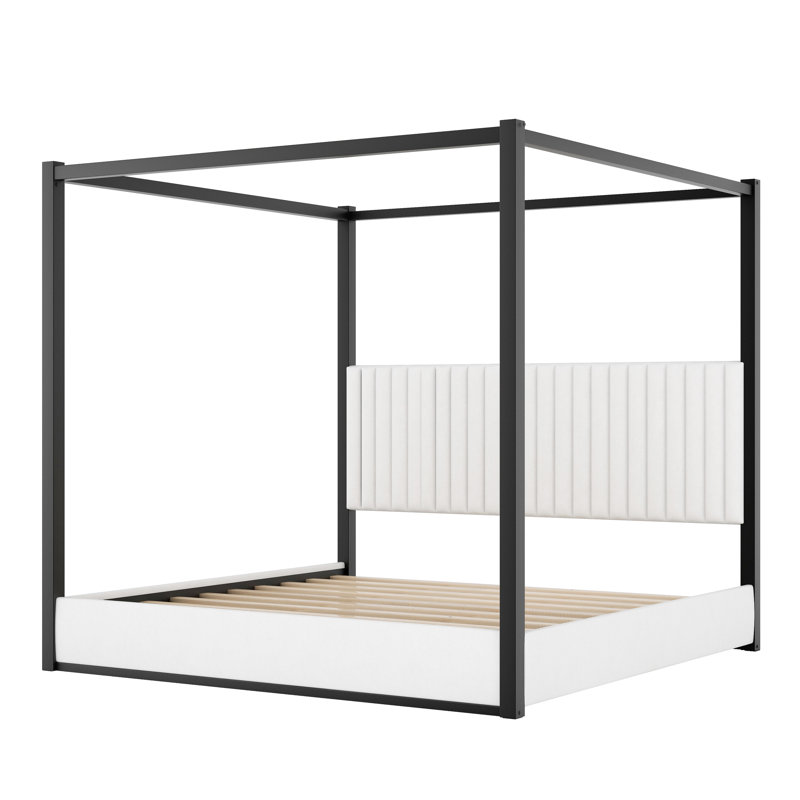King Size Upholstered Canopy Platform Bed with Velvet Headboard, Solid Wood & Metal Frame, Modern 4-Poster Bed, White