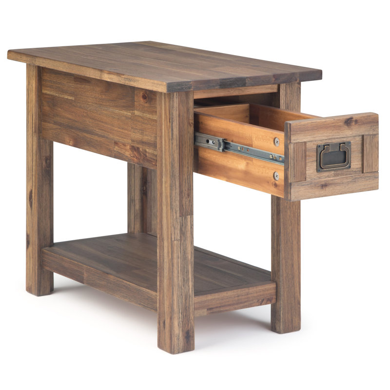 Wyandotte Monroe 14"W Solid Acacia Wood Contemporary Narrow End Table with Drawer and Shelf, Rustic Natural Aged Brown