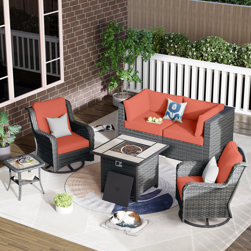 4 - Person Patio Conversation Set with Cushions, Orange Red