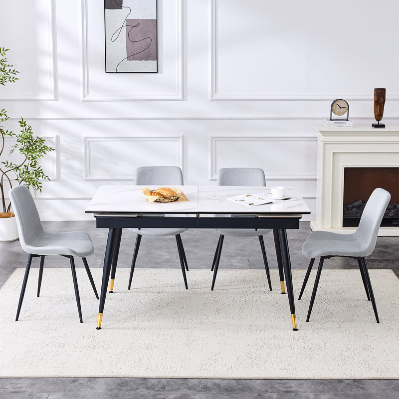 Ensemble de table de salle à manger en pierre frittée extensible de 55 à 79 po avec rallonge cachée et pieds en métal, 5
