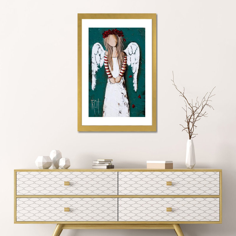 Reproduction d’art, "Feathery" par rut art Creations, H 16 po x l 24 po x P 1 po, Papier encadré doré, Blanc