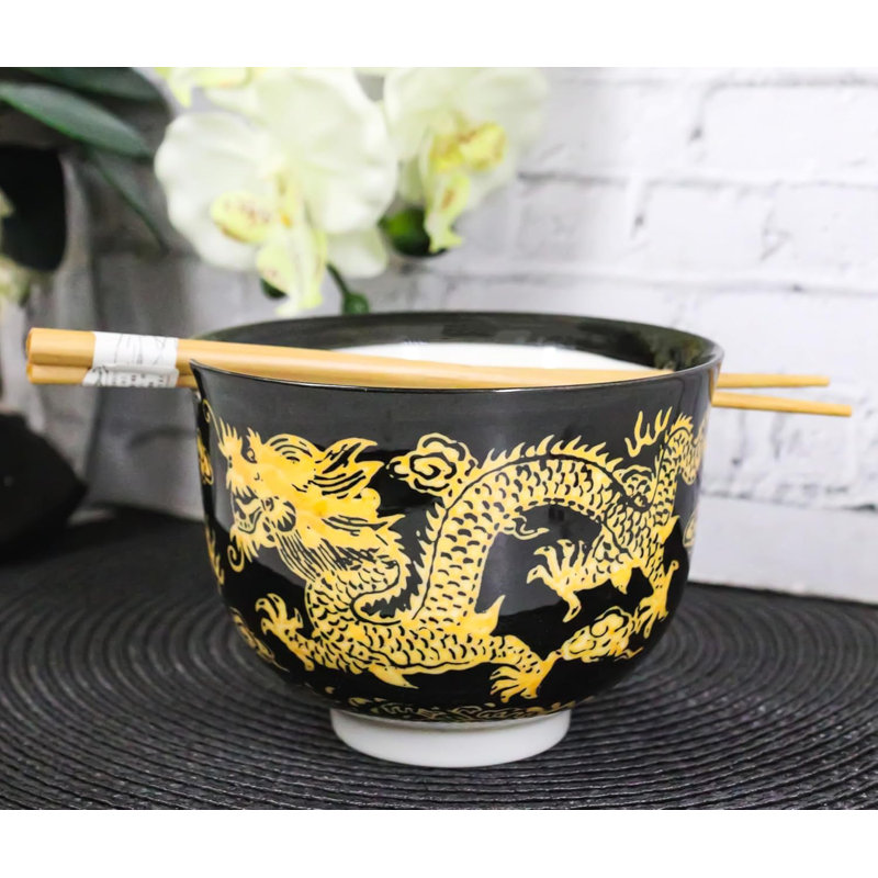 Ensemble de bols en céramique Donburi Dragon King avec baguettes Dragon King, Noir / Jaune