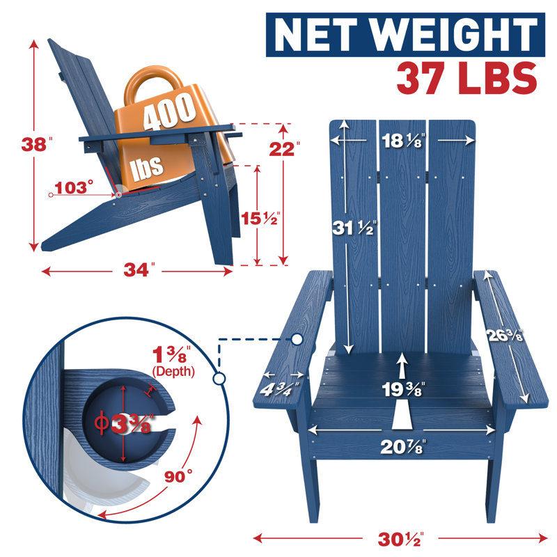 Chaises Adirondack en plastique toutes saisons pour l'extérieur, Bleu marine