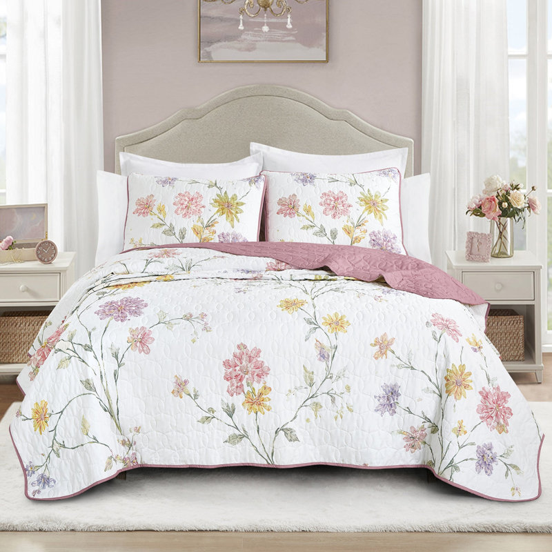 Pink Dahlia Floral Quilt Bedspread Set with Shams, King
