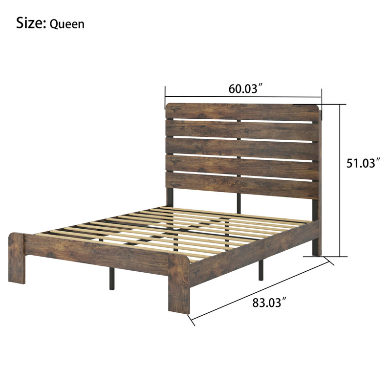 Industrial Farmhouse Style Queen Size Wooden Platform Bed - No Box Spring Needed, Queen