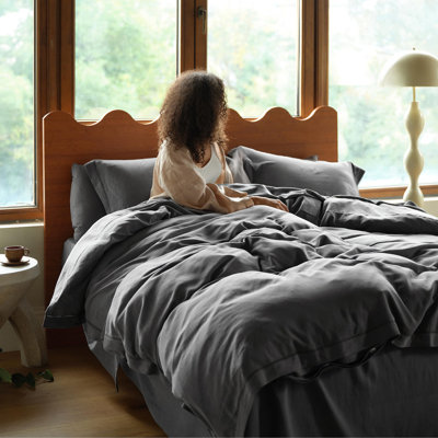 Double Stitch Linen Duvet Cover Set - Soft European Flax Linen Blend Bedding Set, Sustainable, Moisture-Wicking & Cooling Duvet Cover,Luxury Bedding Set