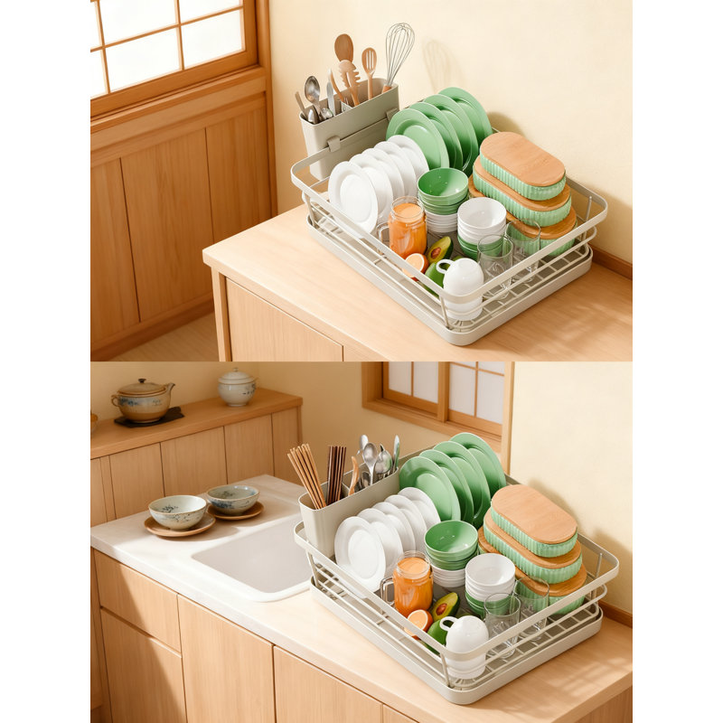Compact Dish Drying Rack With Utensil Holder & Adjustable Drain Spout, Rust-Proof Space-Saving Kitchen Counter Organizer
