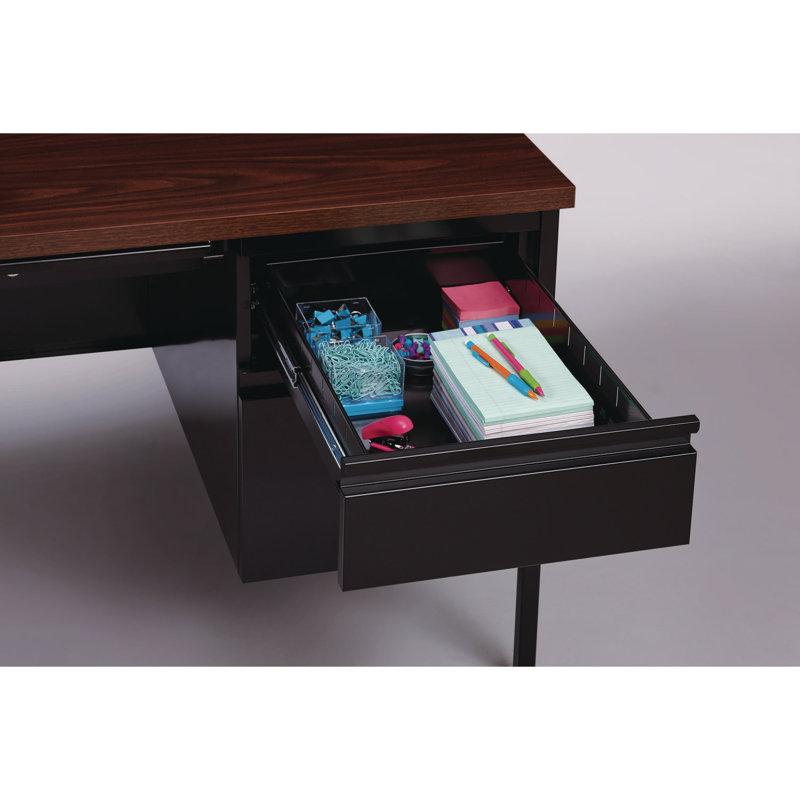 Bureau à double caisson avec tiroir central pour la maison, le bureau ou l'école, Gris anthracite / acajou