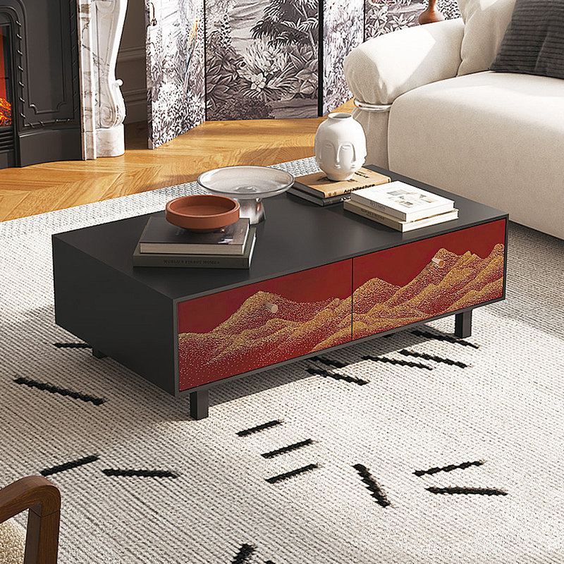 French retro patterned painted coffee table, Black/Red