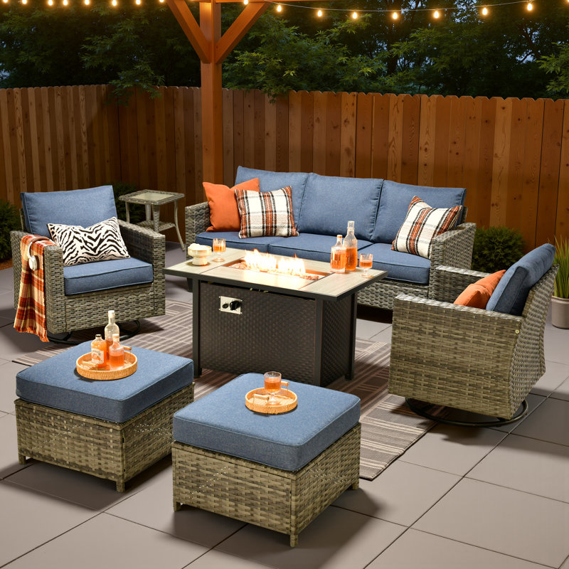 Ensemble de conversation de patio en osier / rotin 7 pièces avec chaises berçantes Harbin, Bleu denim