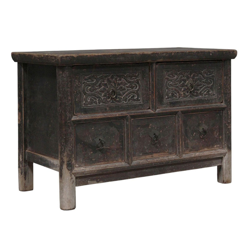 Hand Carved Vintage Chinese Reclaimed Wood Accent Chest or Low Sideboard Cabinet