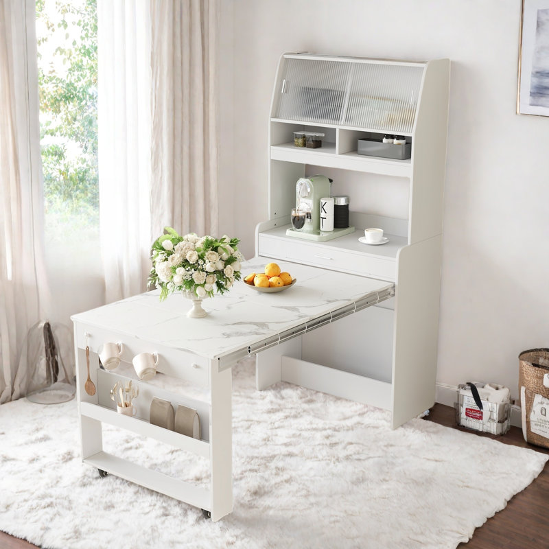 Buffet With Hutch And Foldable Dining Table, Storage Shelves, Side Hooks And A Cabinet With Sliding Doors