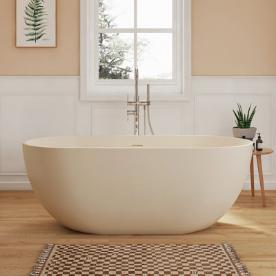 59" Stone Resin Freestanding Bathtub, Contemporary Oval Stand Alone Soaking Tubs, Solid Surface Bathtub with Drain & Overflow