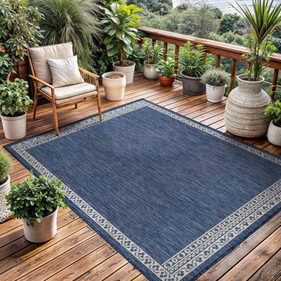 5X7 Washable Modern Bordered Outdoor Rug, Waterproof Easy Clean Carpet For Outdoor & Indoor Use, Blue
