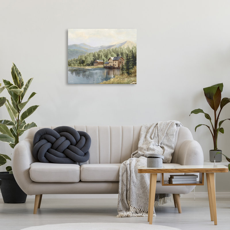 Art mural sur toile Lakeside Cabin with Mountain View, design par Amber Sterling, H 24 po x l 30 po