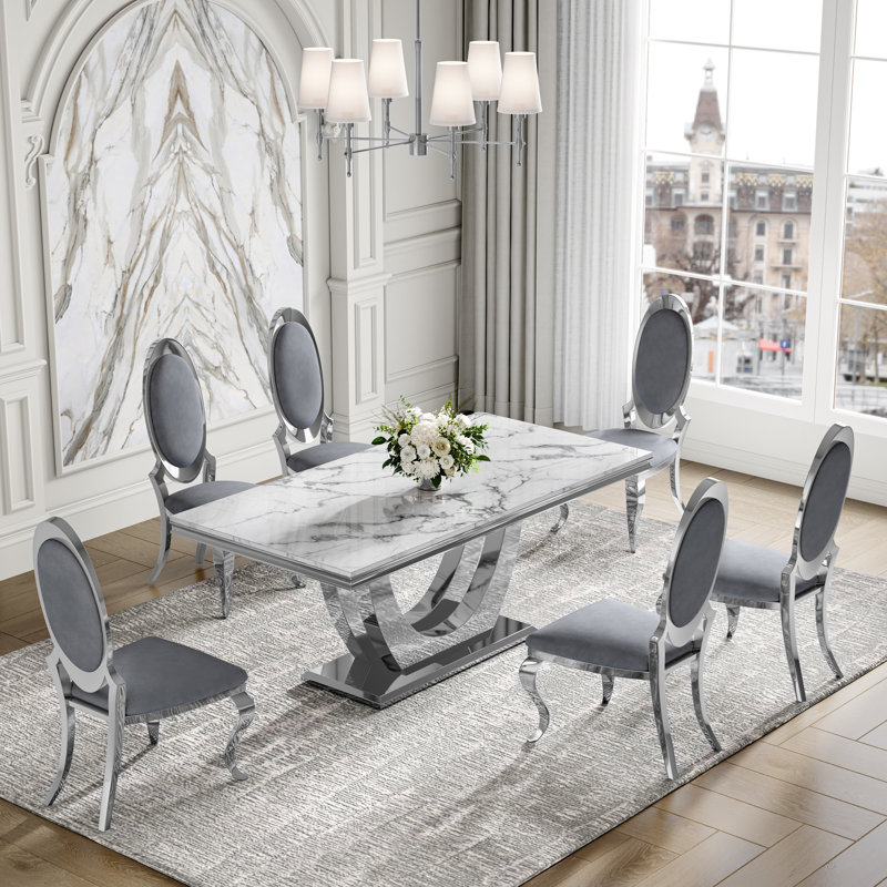 7-Piece Dining Table Set, Marble-Print MDF Table with Velvet & PU Dining Chairs, Stainless Steel Base – Seats 6, Gray/Silver