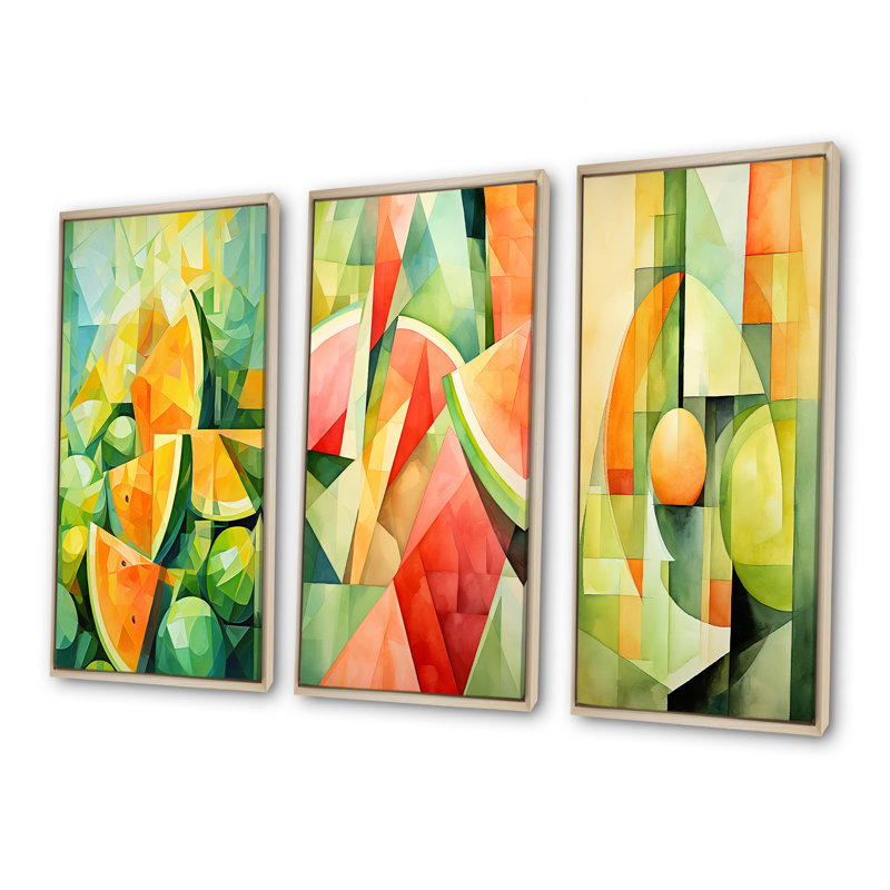 Motif de pastèque vert et jaune I - Melon, ensemble de 3 toiles, Cadre flottant brun, H 32 po x l 48 po