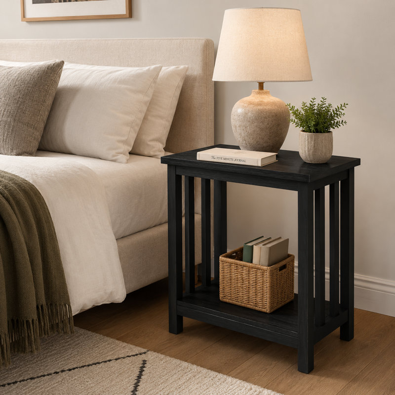 Table d'appoint mince avec tablette de rangement, table de chevet moderne noire pour le salon et la chambre à coucher