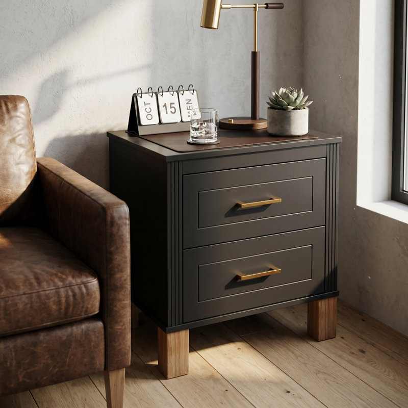 Table de chevet noire en bois massif avec 2 tiroirs, poignée en métal