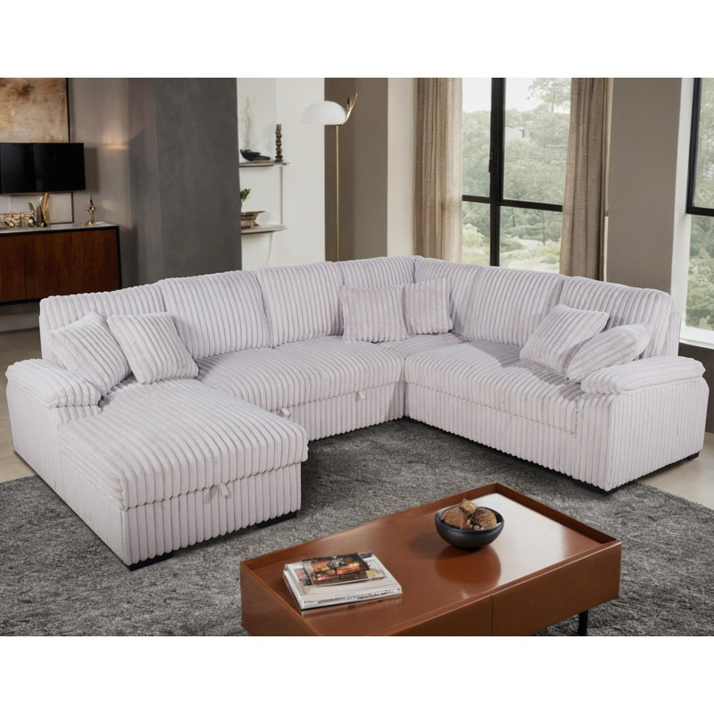 Corduroy U-Shape Sectional With Pull Out Bed & Storage Chaise + 6 Pillows, Beige Corduroy, Left Hand Facing